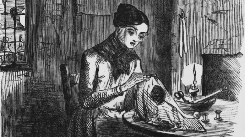 Drawing depicting a seamstress working at home