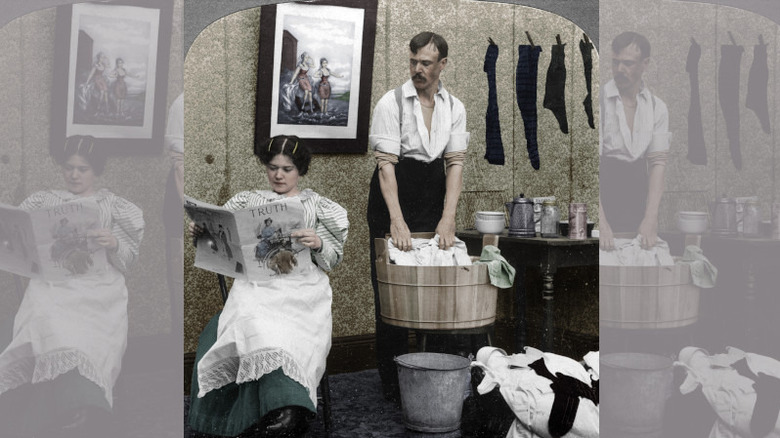 Humorous advertisement showing "The New Women's Wash Day" circa 1880.