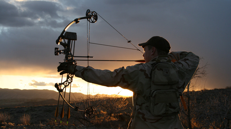 hunter drawing bow sunset