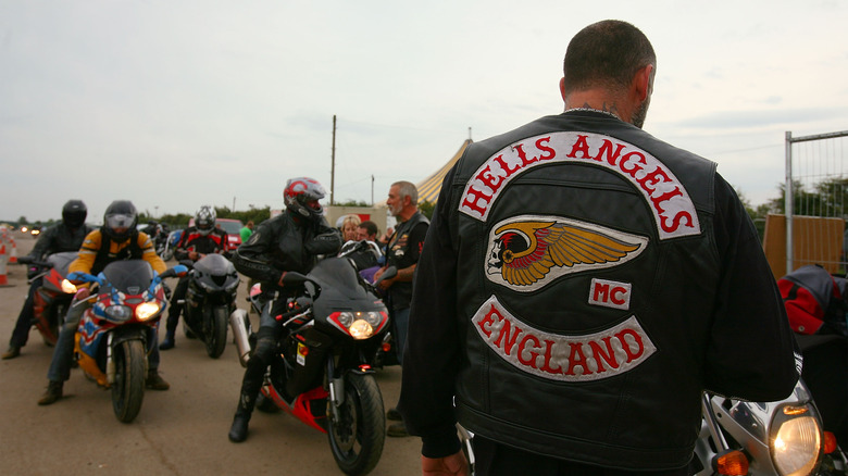 A Hells Angel at a motorcycle rally in England