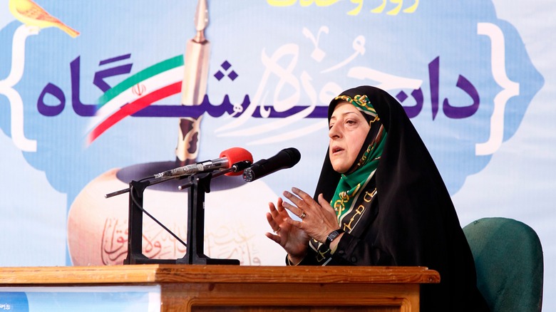 Masoumeh Ebtekar behind desk giving speech