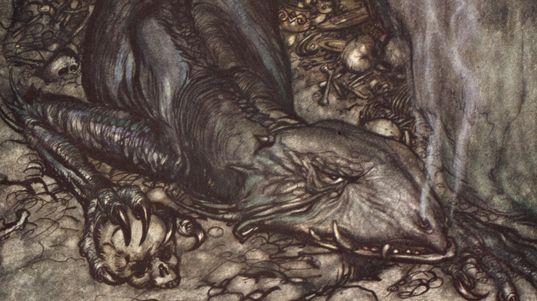 Rackham illustration dragon with bones