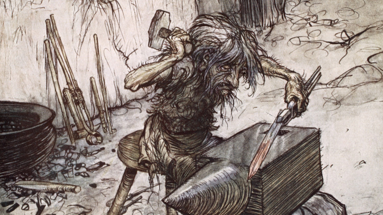 Rackham Illustration dwarf forging underground