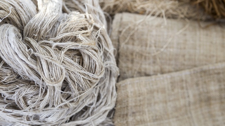 Close-up of gray hemp fibers and textiles