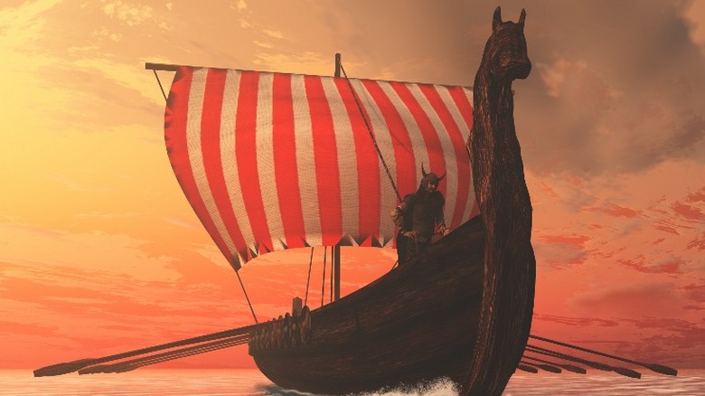 Rendering of a Viking on longship red sky