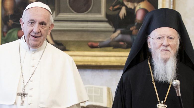 Pope Francis and Patriarch Bartholomew smiling 