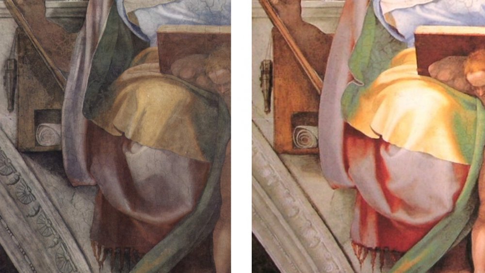 Detail of the Sistine Chapel, before and after restoration