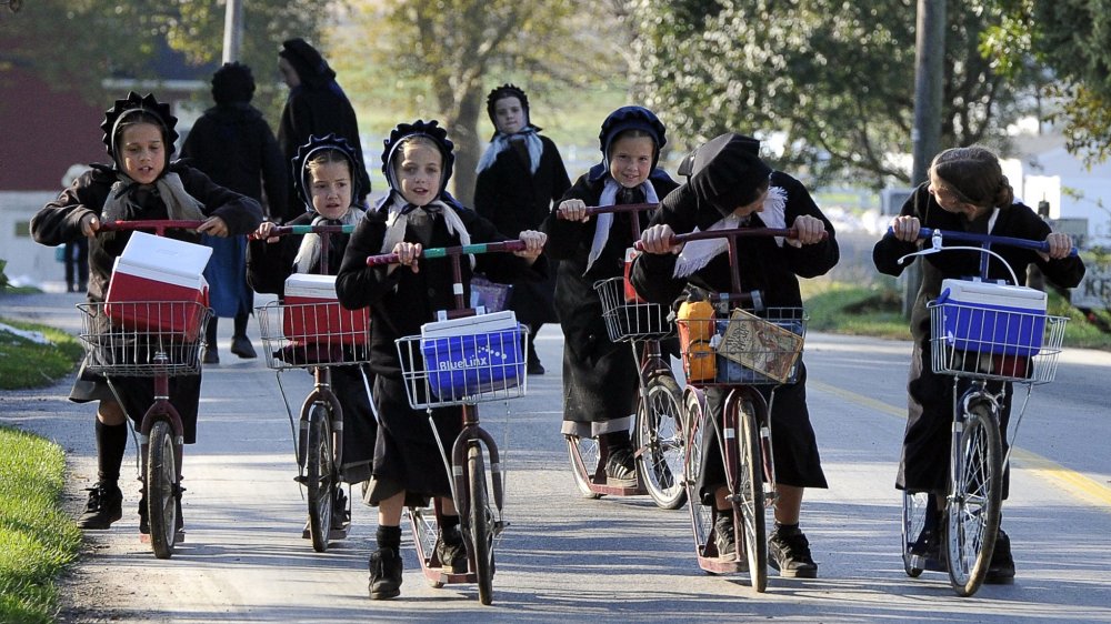 Amish girls riding bikes