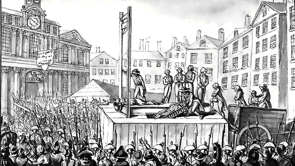 Drawing depicting guillotine in town square
