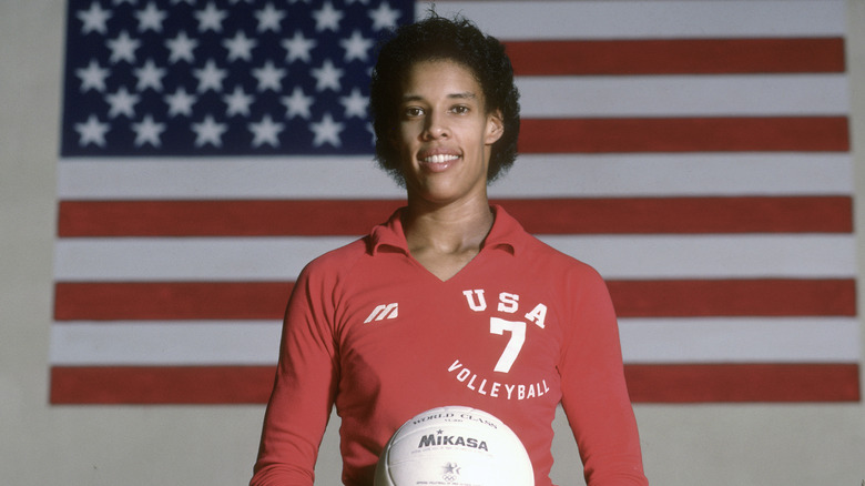 Flo Hyman in front of American flag