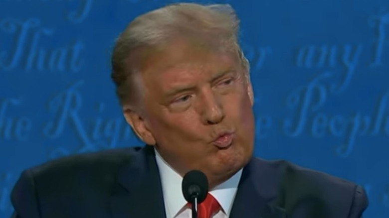 Donald Trump pursing his lips at the 2020 Presidential Debate