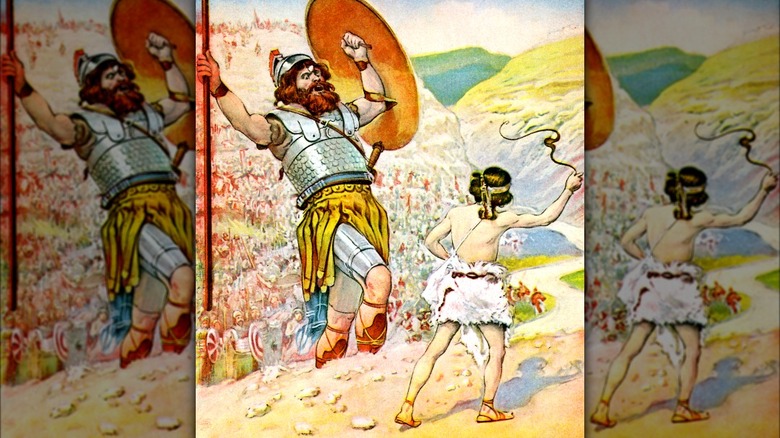 David slays Goliath with slingshot