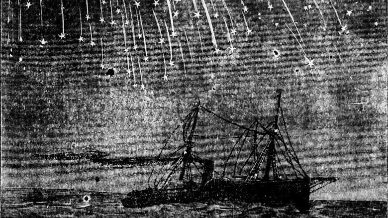 Scan of a 19th century illustration of a meteor shower over a ship at sea