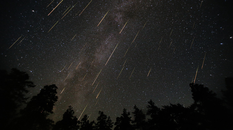 Meteor shower streaking through a starry night sky