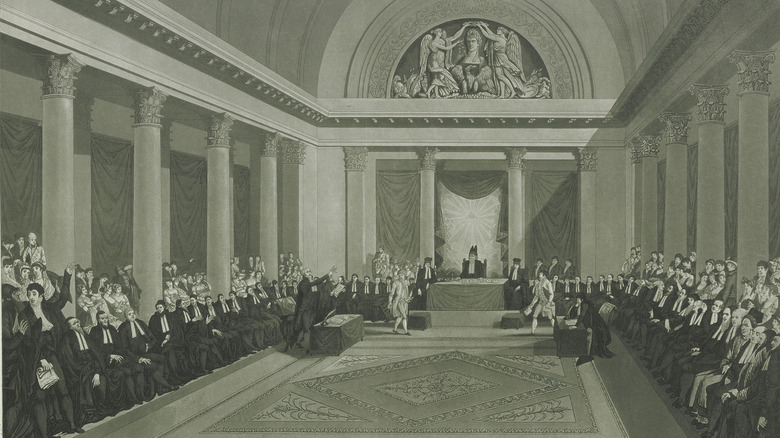 black white drawing robed men in hall