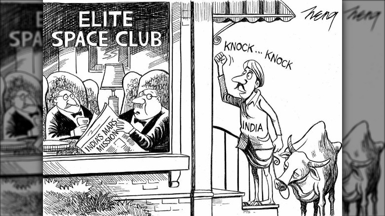 Cartoon of Indian man with goat knocking on door of club