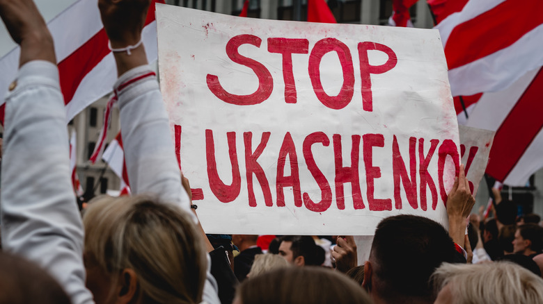 Protest sign reading "stop Lukashenko"