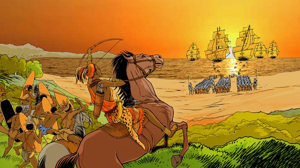 Graphic novel illustration of Queen Nzinga in battle