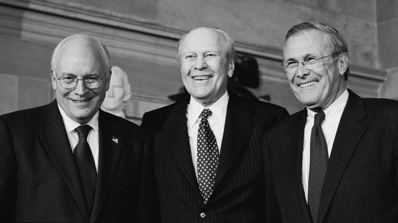 Ford smiling with Donald Rumsfeld and Dick Cheney