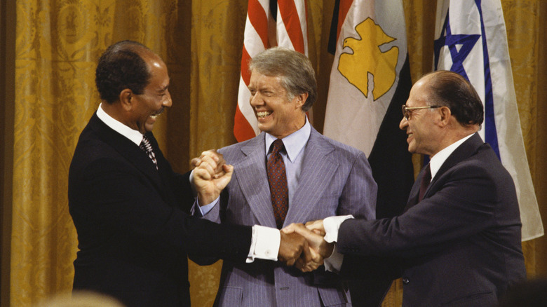 Camp David Accords leaders shaking hands