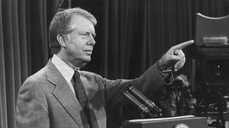 Jimmy Carter pointing at podium