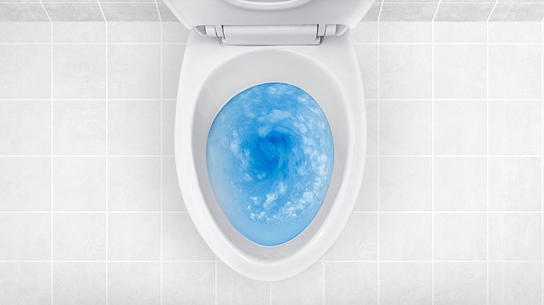 Toilet flushing blue water