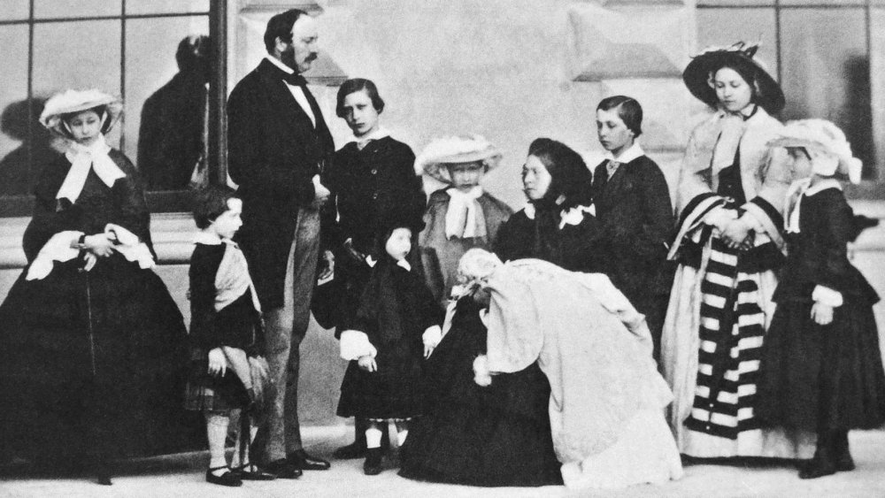 Albert, Victoria and their nine children, 1857. Left to right: Alice, Arthur, Prince Albert, Albert Edward, Leopold, Louise, Queen Victoria with Beatrice, Alfred, Victoria and Helena