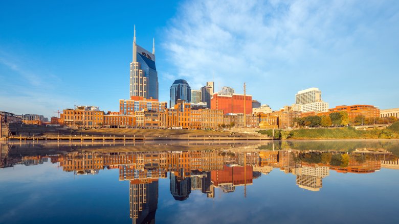 Nashville Tennessee city skyline waterfront blue sky