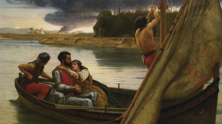 Painting of Arthur traveling to Avalon via boat