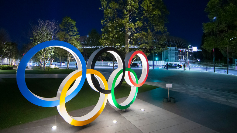 Olympic rings at night