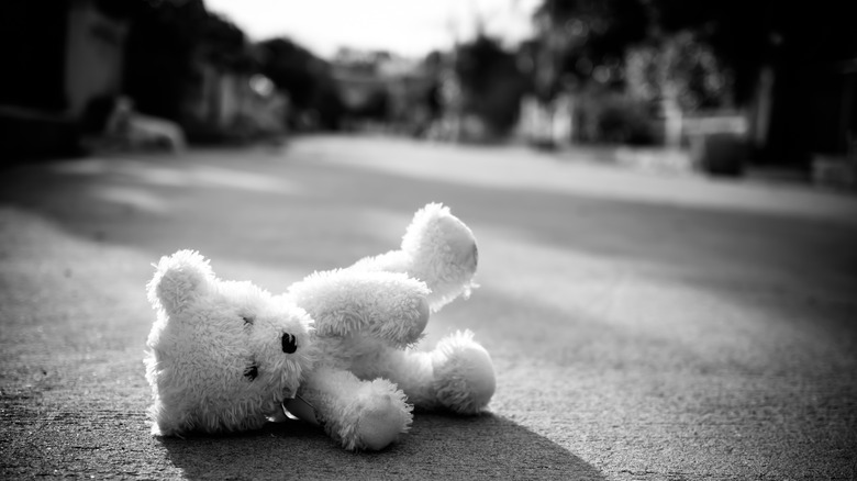 teddy bear in the middle of the street
