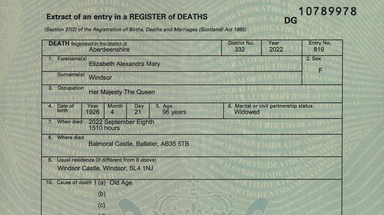 Elizabeth II death certificate