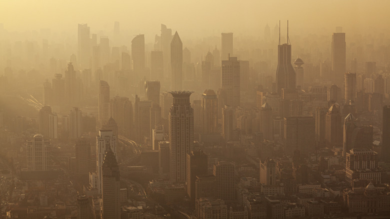 Shanghai city skyline with air pollution haze