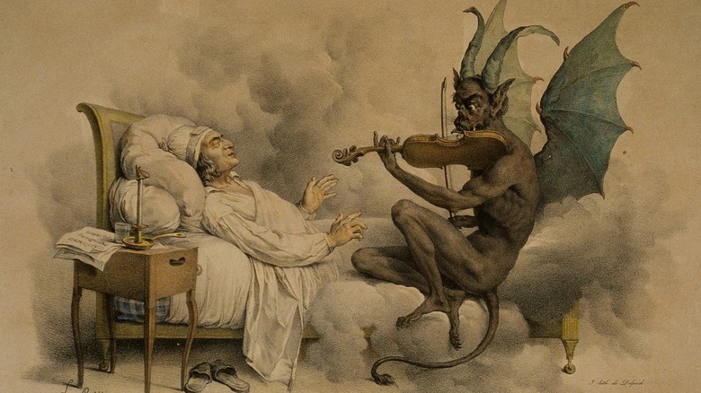 Winged demon playing violin for dreaming man