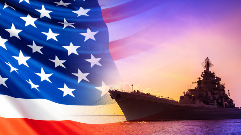 battleship water american flag background