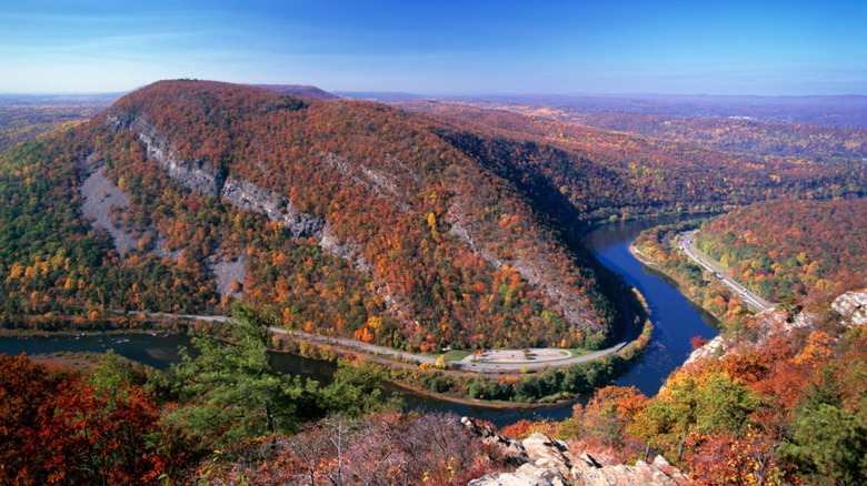 aerial view Delaware Water Gap autumn colors