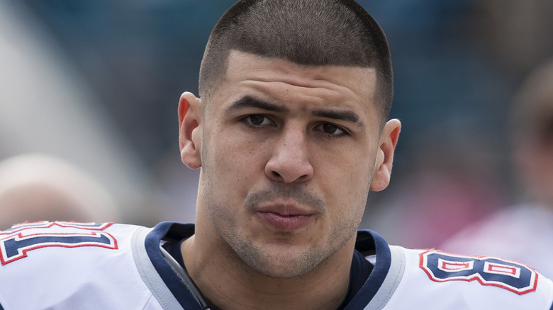 Aaron Hernandez playing for the New England Patriots