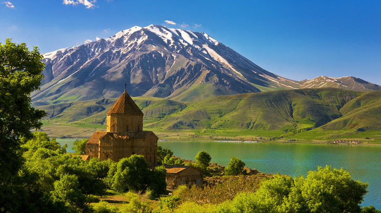 Lake Van with mountain and old building