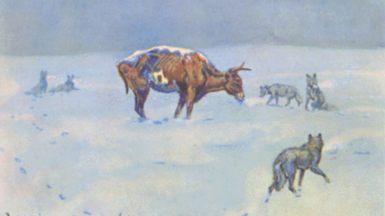 Painting of starving cattle being hunted by wolves in winter