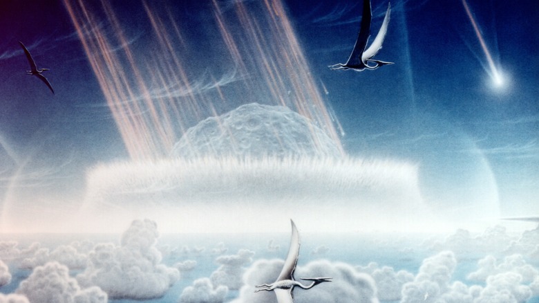 Artist's impression asteroid impact flying pterodactyls