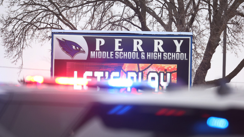 Perry school sign and police lights