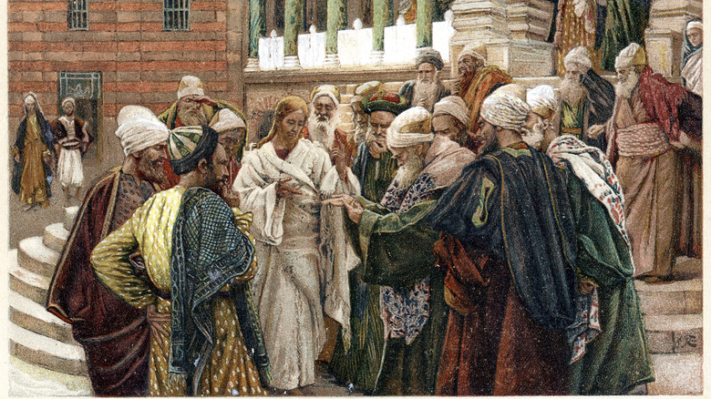 painting Jesus and the Pharisees standing outside