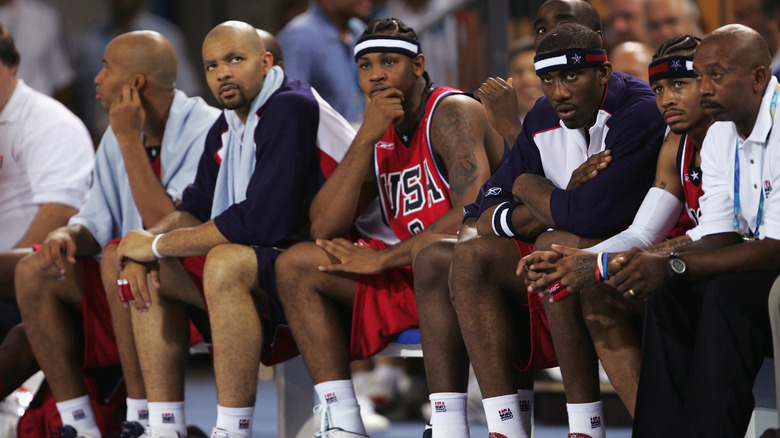 Carmelo Anthony and Allen Iverson on bench