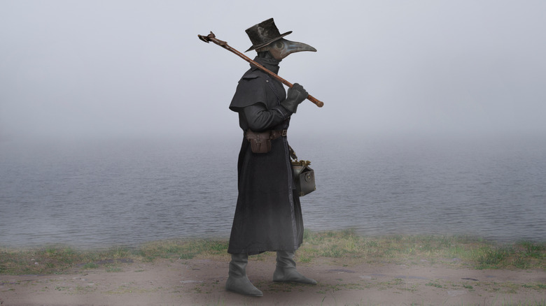 plague doctor walking on a road