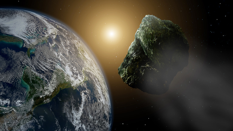 An asteroid nearing Earth with Sun in background