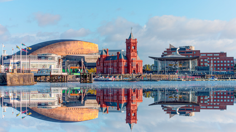 Cardiff cityscape reflected in water