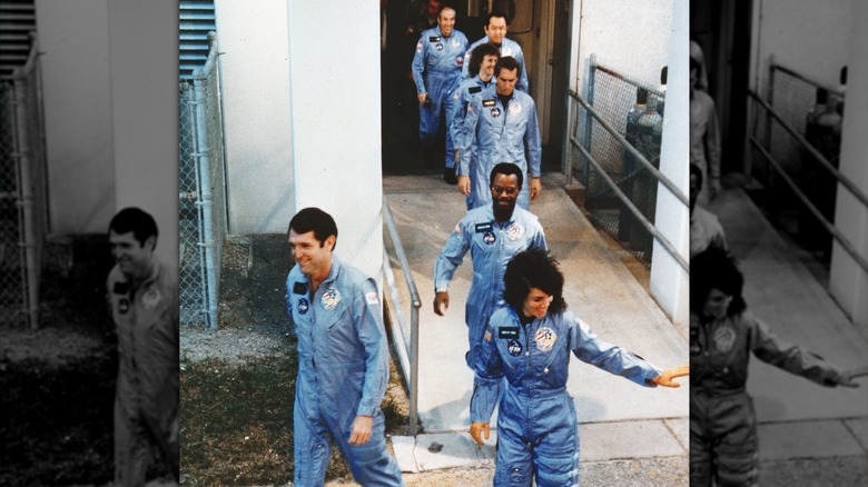 Cahllenger crew walking toward launch paf