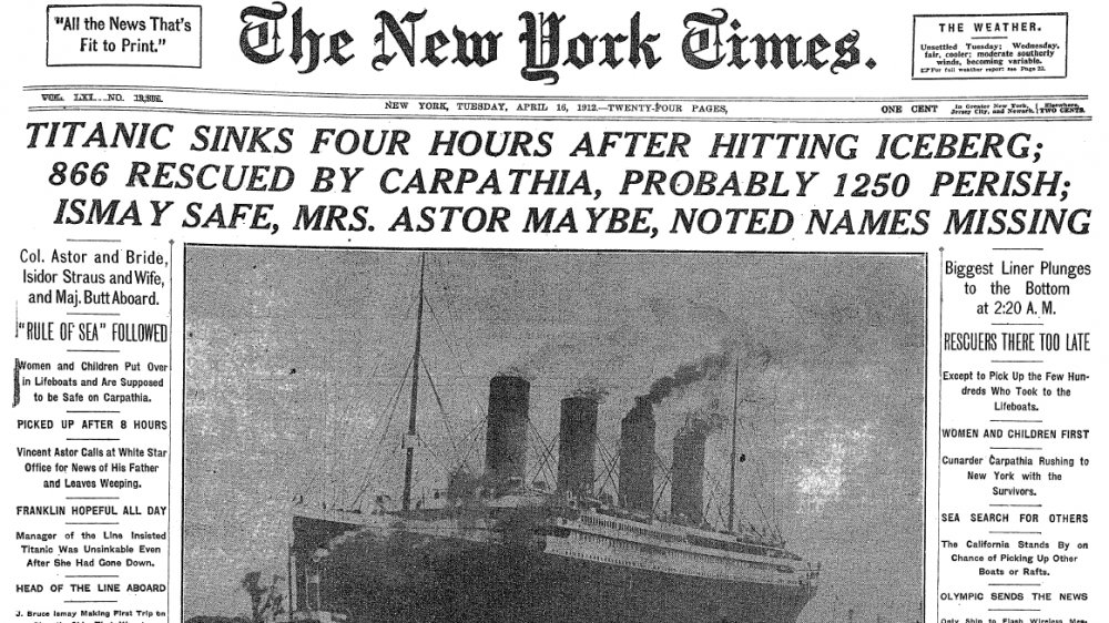 New York Times Front Page Titanic sinking