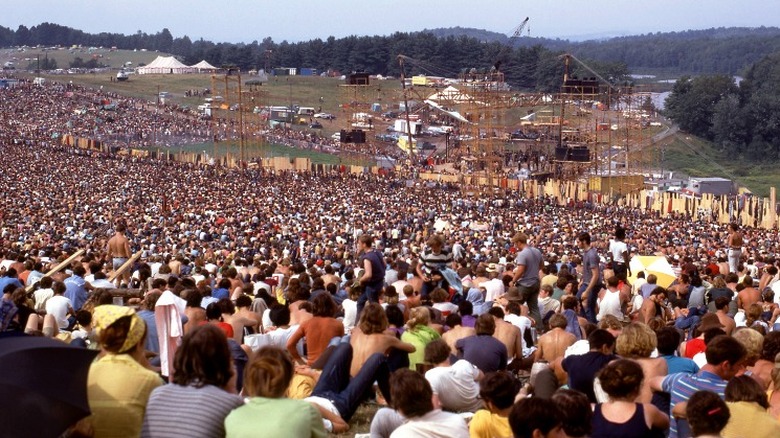 Crowd watches a band at Woodstock