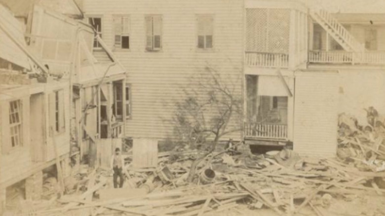 Photograph of hurricane damage. Back of photo inscribed: "1893 Hurricane